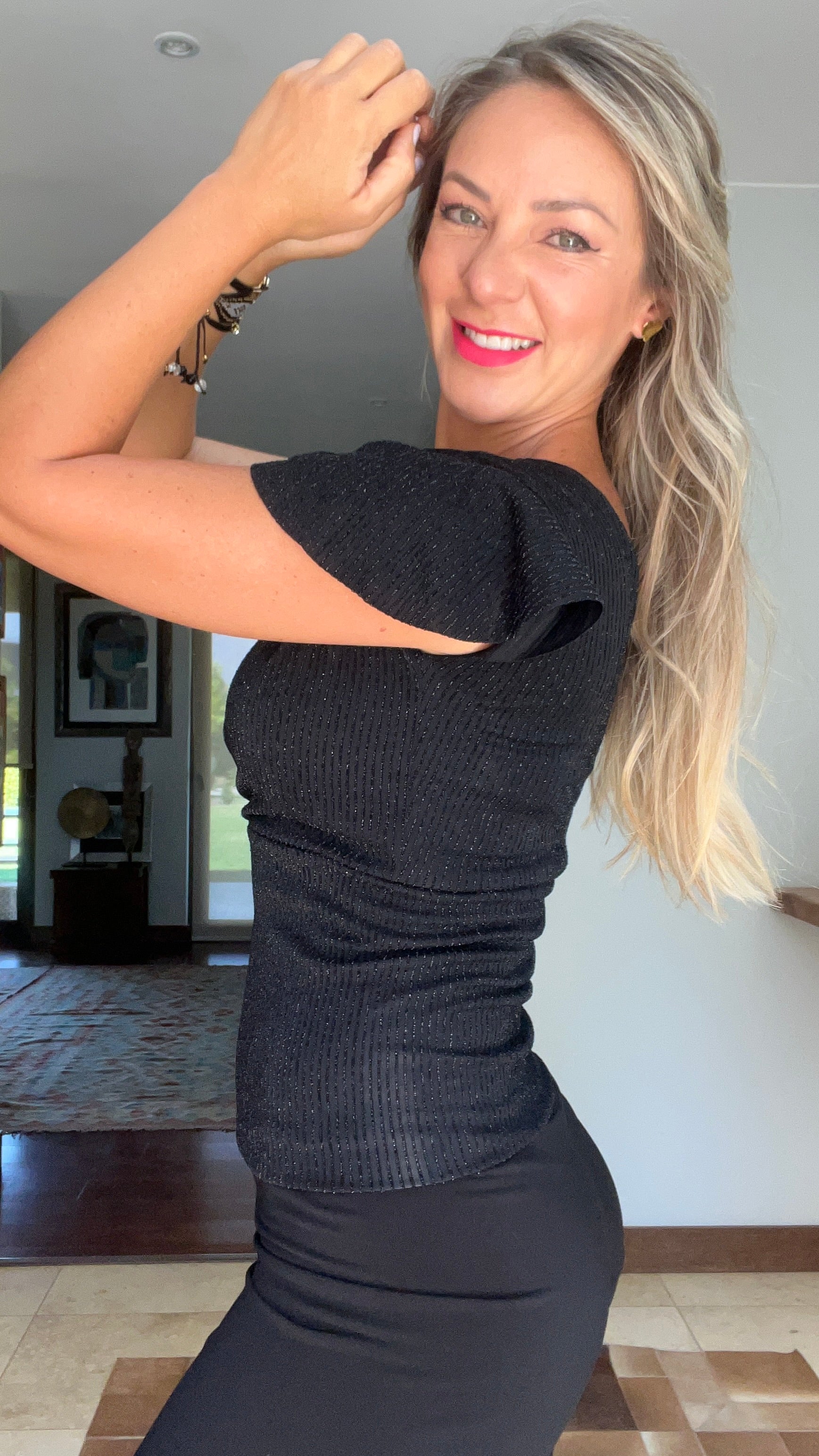 Top Mediano Doble Postura Fiesta Negro con Brillo | Amoramar.cl3