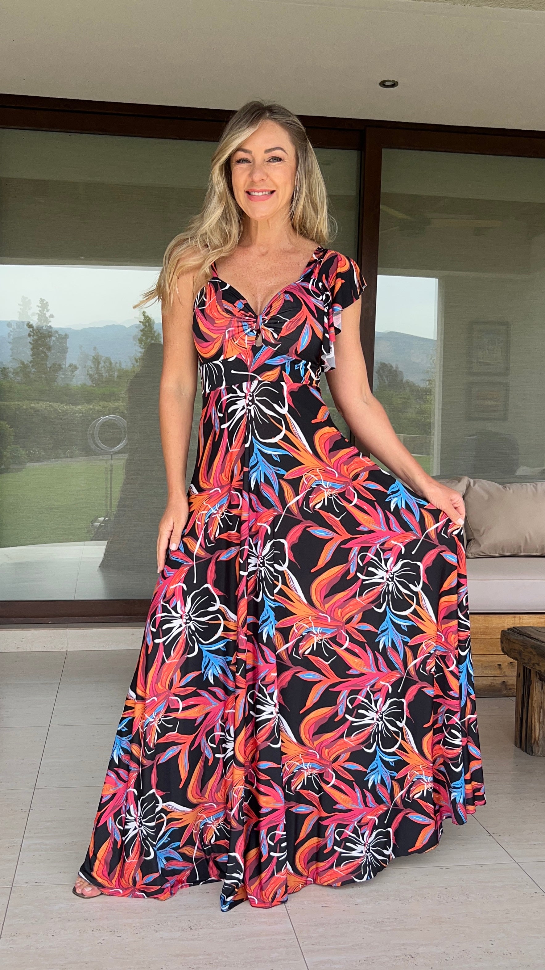 Vestido Amalia Negro Hojas Tropicales Naranja