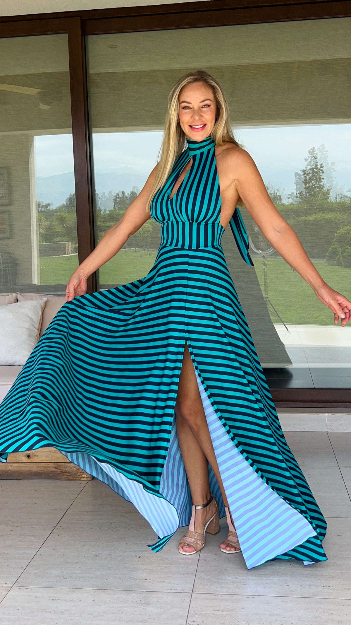Vestido Silvia Rayas Turquesa y Azul Marino
