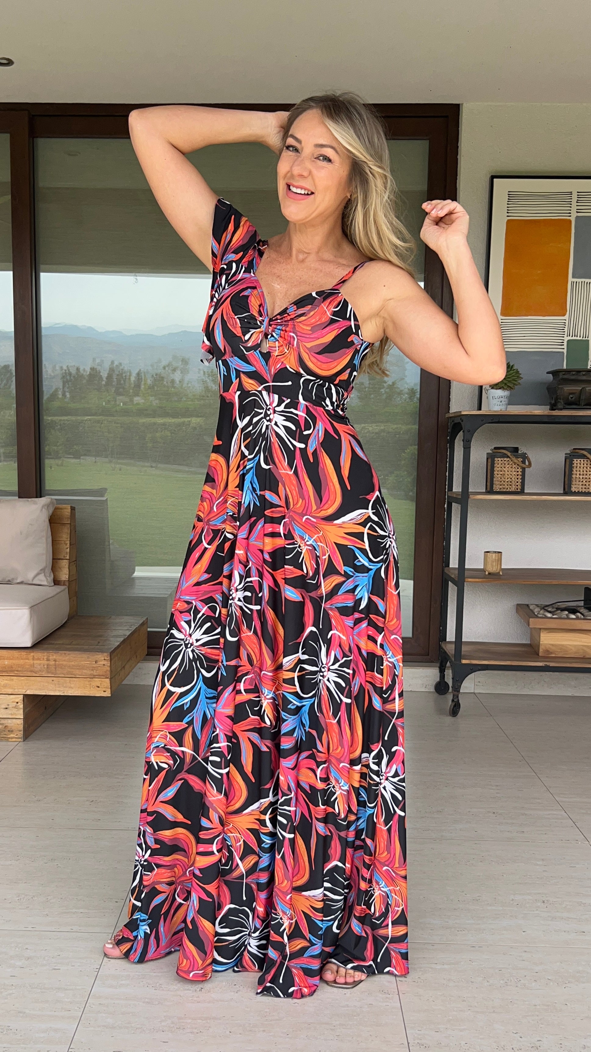 Vestido Amalia Negro Hojas Tropicales Naranja