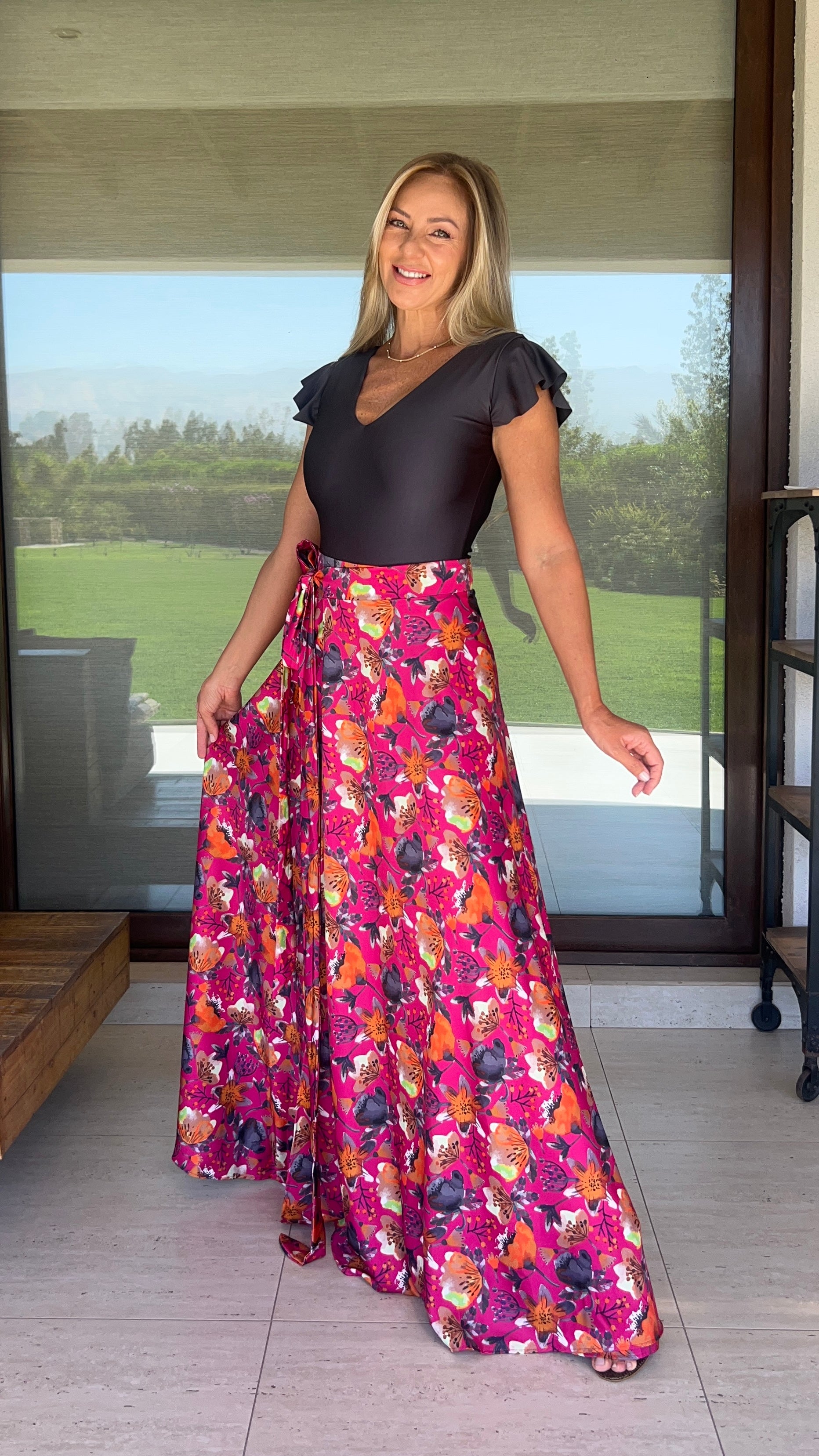 Falda Piel de Seda Magenta Flores Naranjo/Marengo