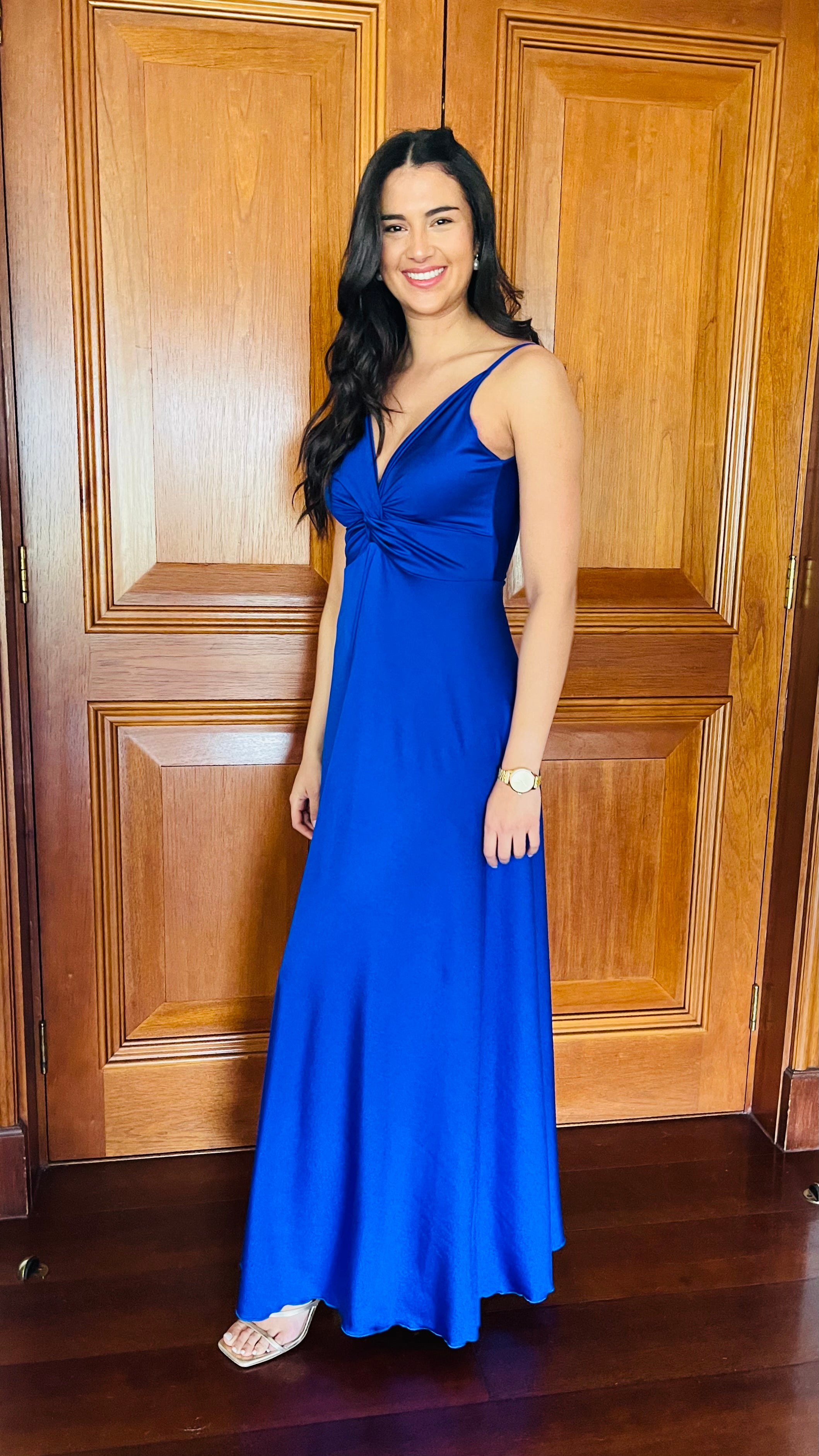 Vestido Amanda en V Dupont Azul Eléctrico