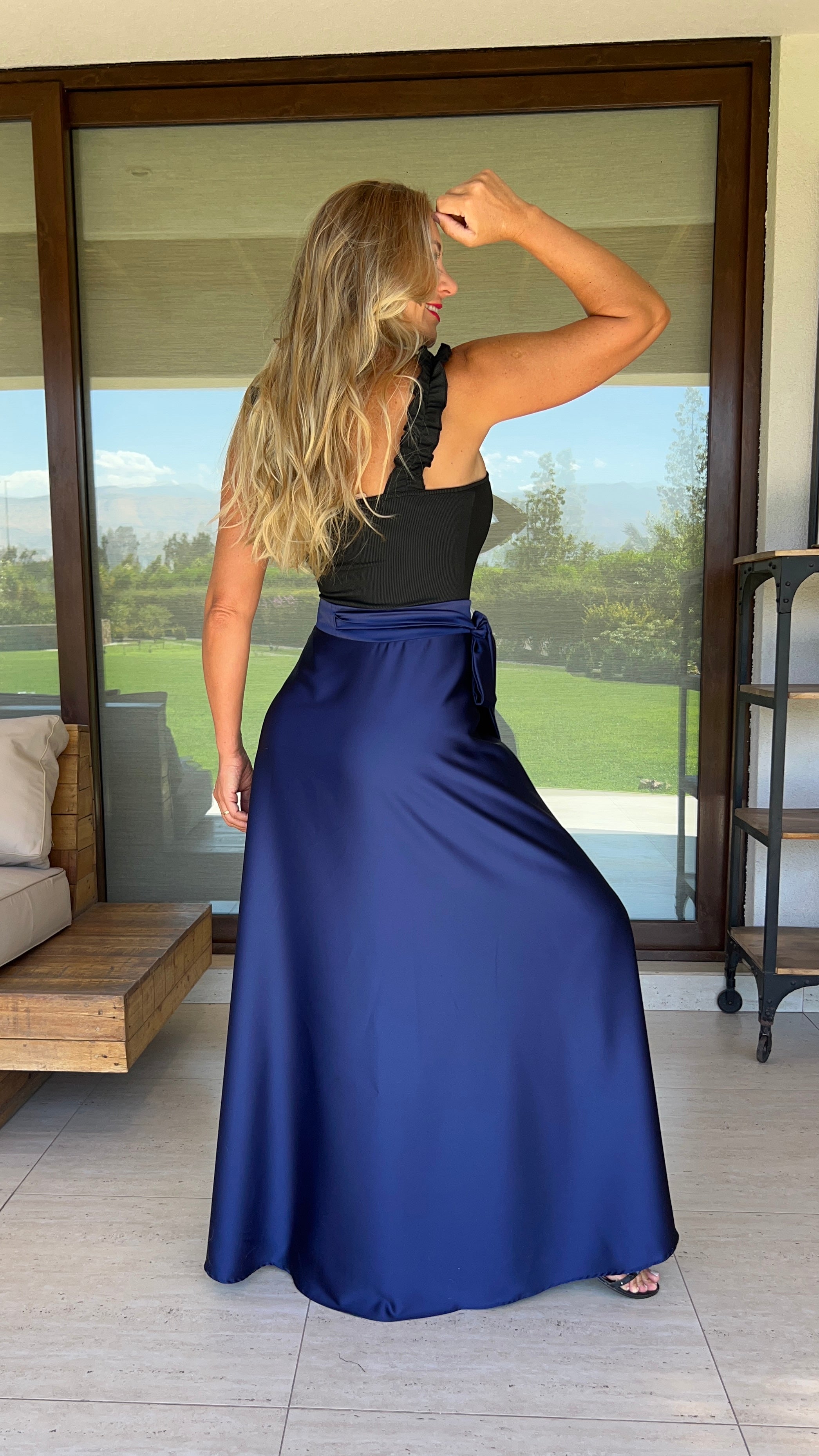 Falda Piel de Seda Azul Marino