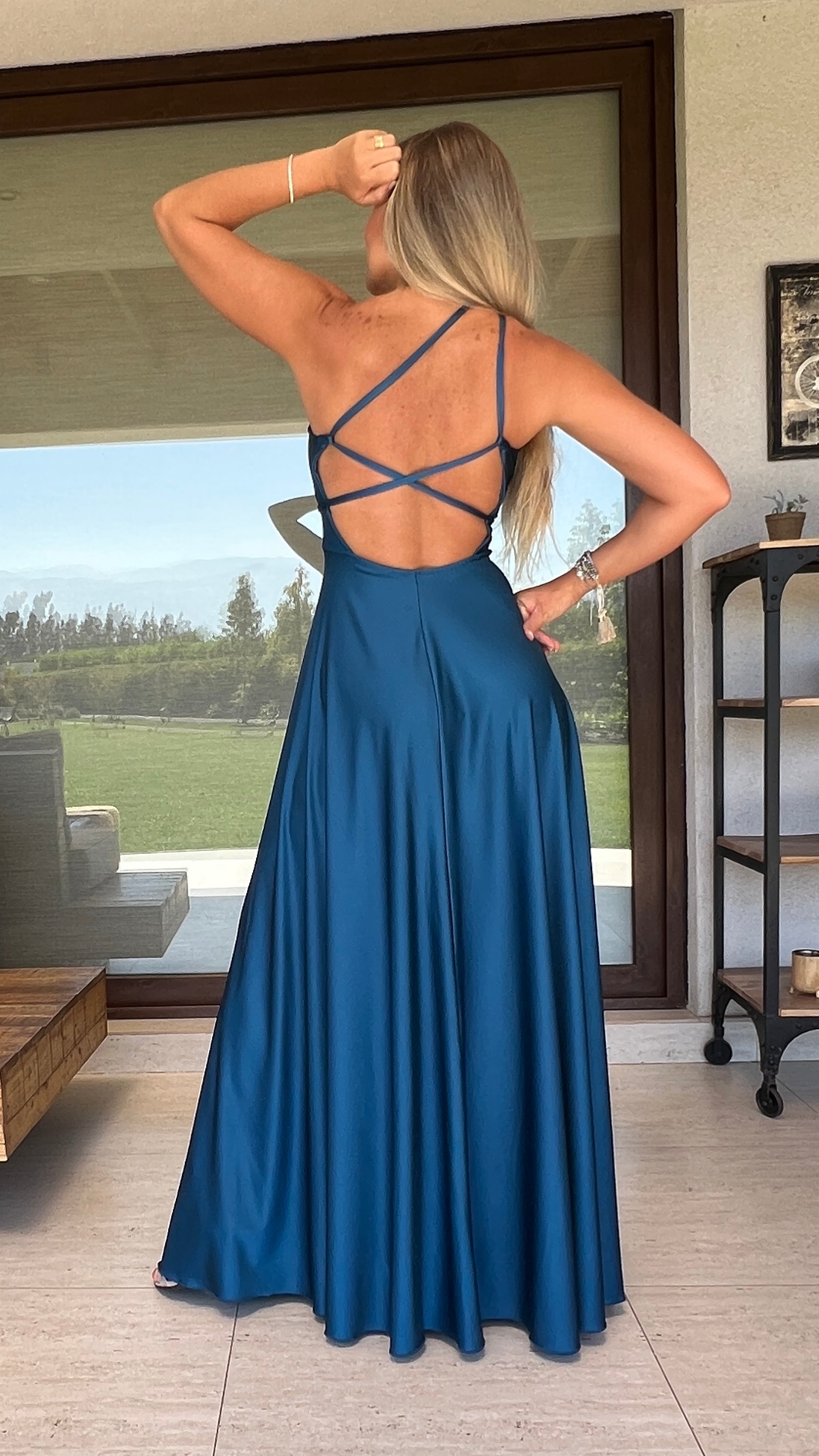 Vestidos de noche online azul petroleo