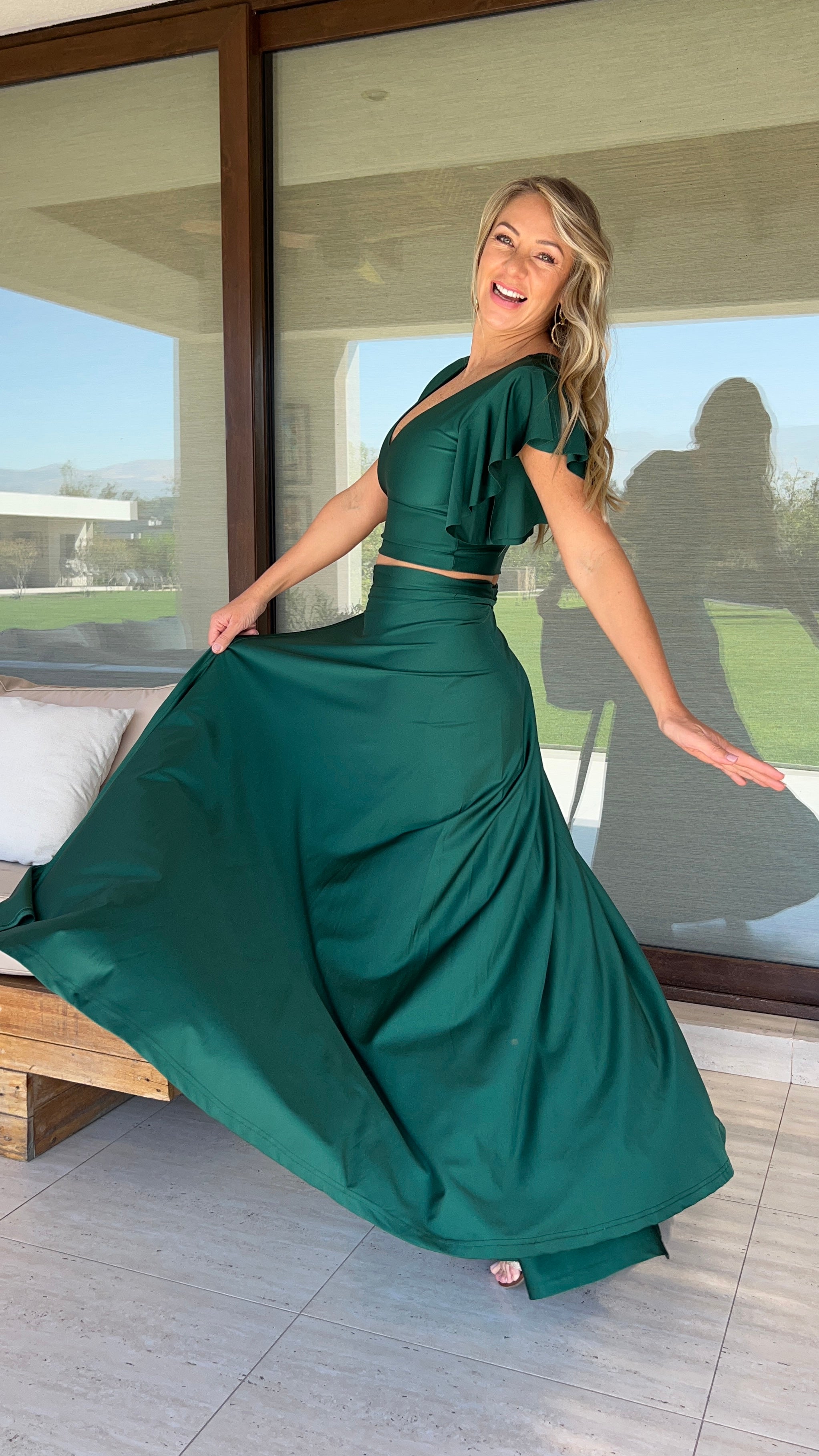 Crop top Elisa verde botella| conjunto fiesta verde oscuro| Amoramar.cl 