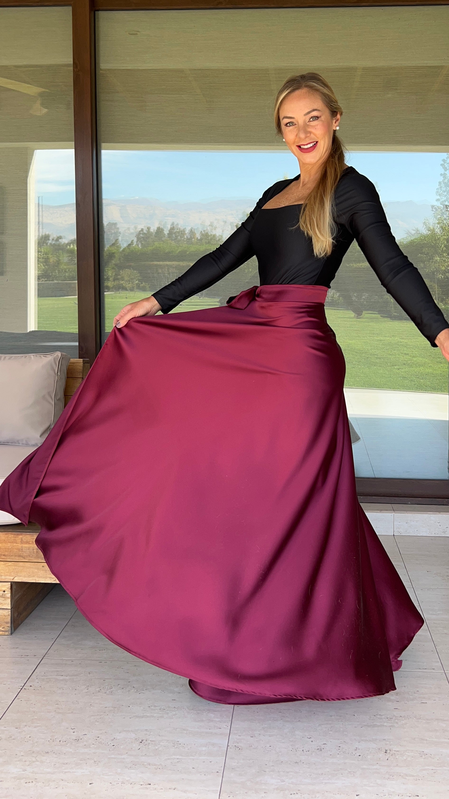 Falda fiesta mujer Burdeos| Falda larga elegante Granate|Amoramar.cl