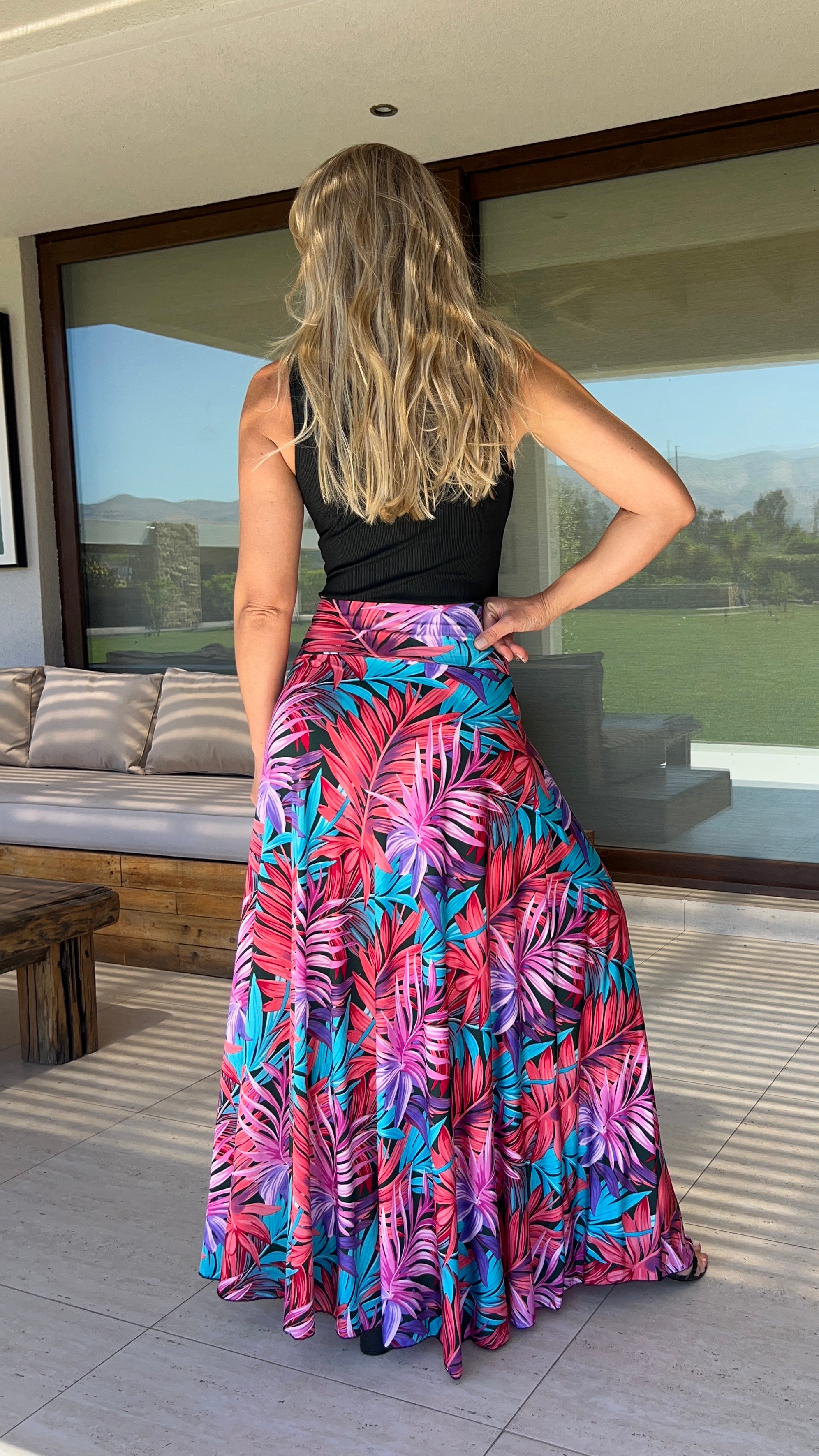Maxifalda Hojas Bambú Rosa y Turquesa, falda larga mujer. Amoramar.cl 2