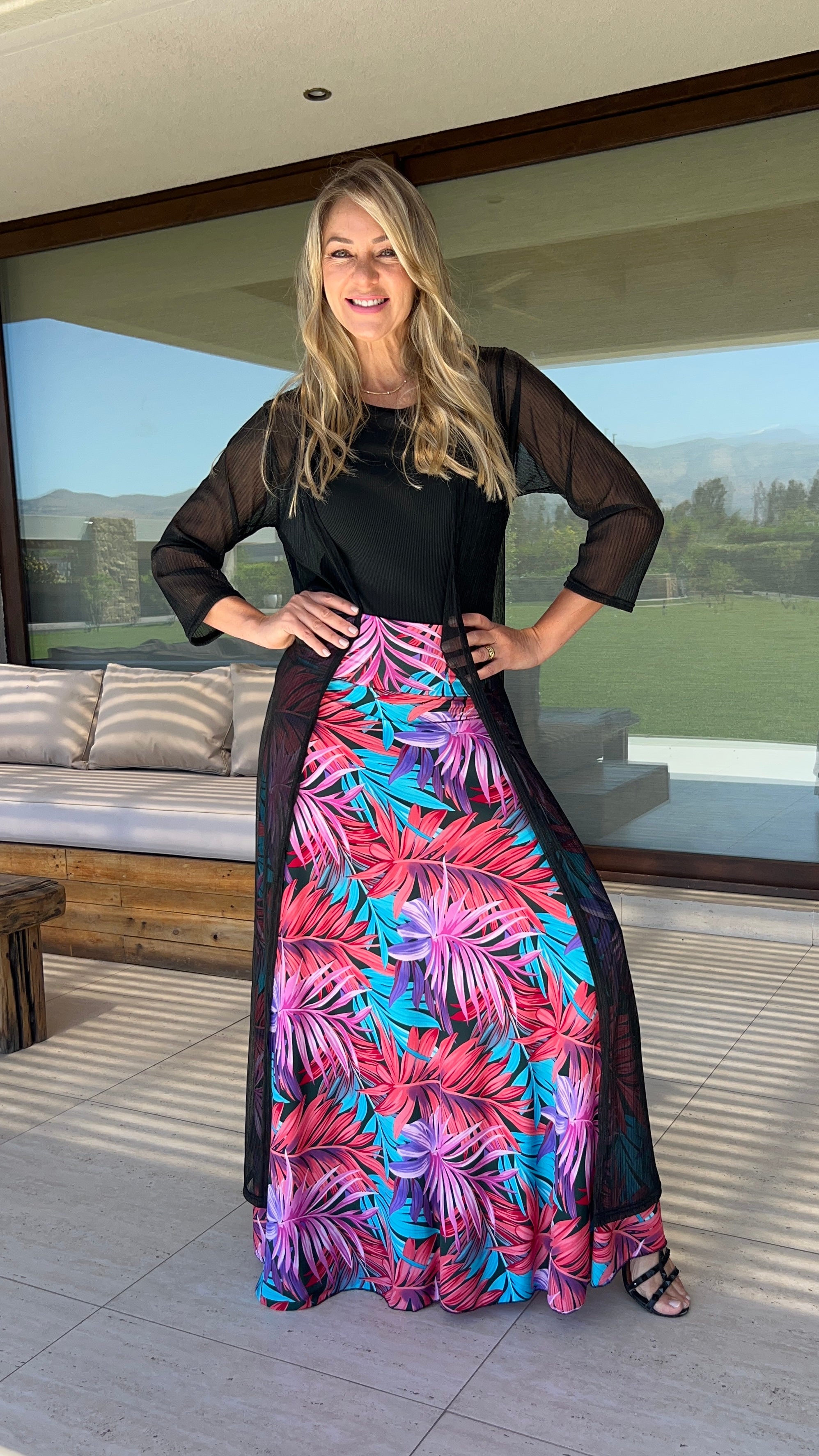 Maxifalda Hojas Bambú Rosa y Turquesa, falda larga mujer. Amoramar.cl 1