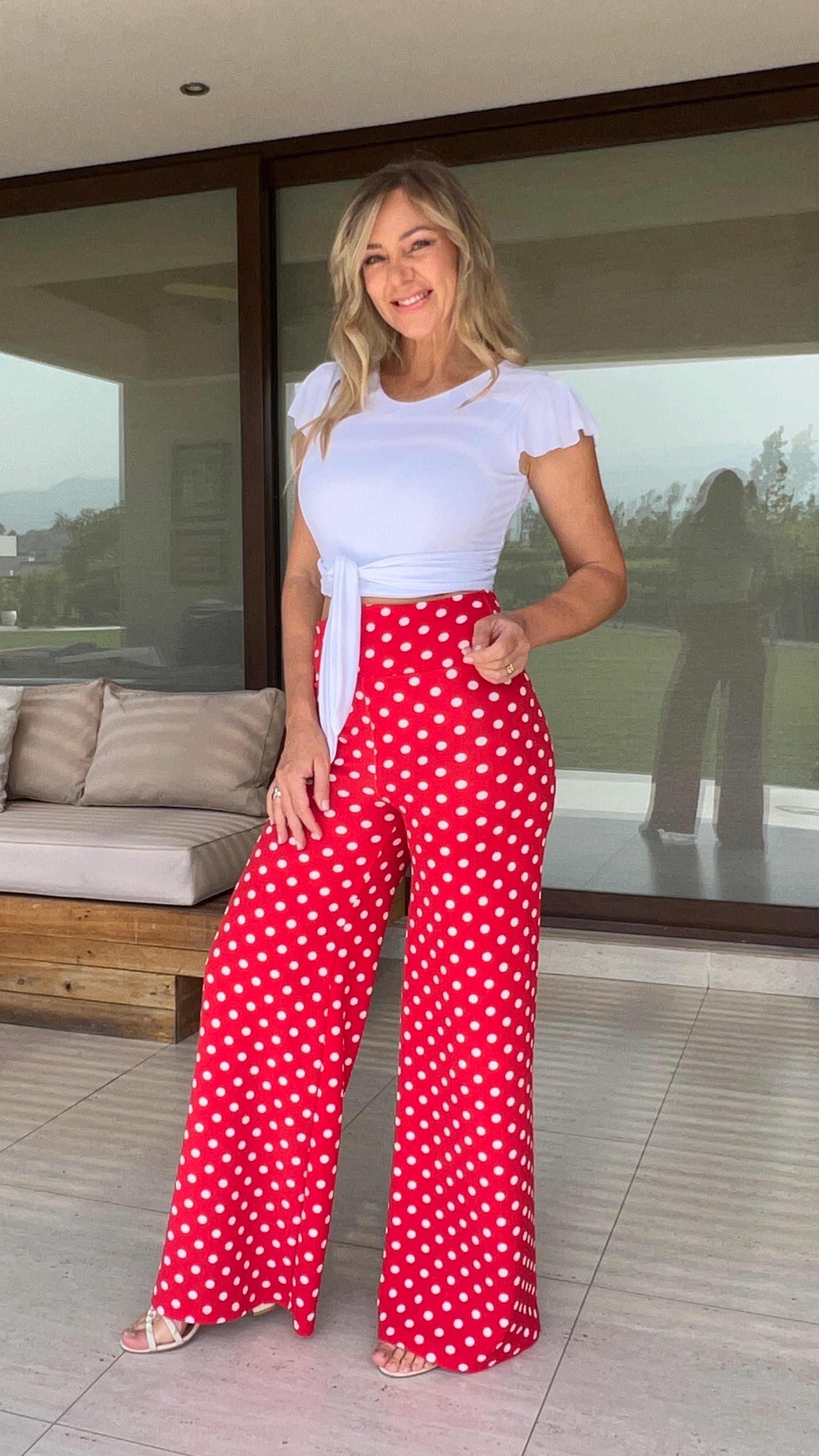 Palazzo rojo de lunares, pretina ancha. Pantalón Mujer. Amoramar.cl 