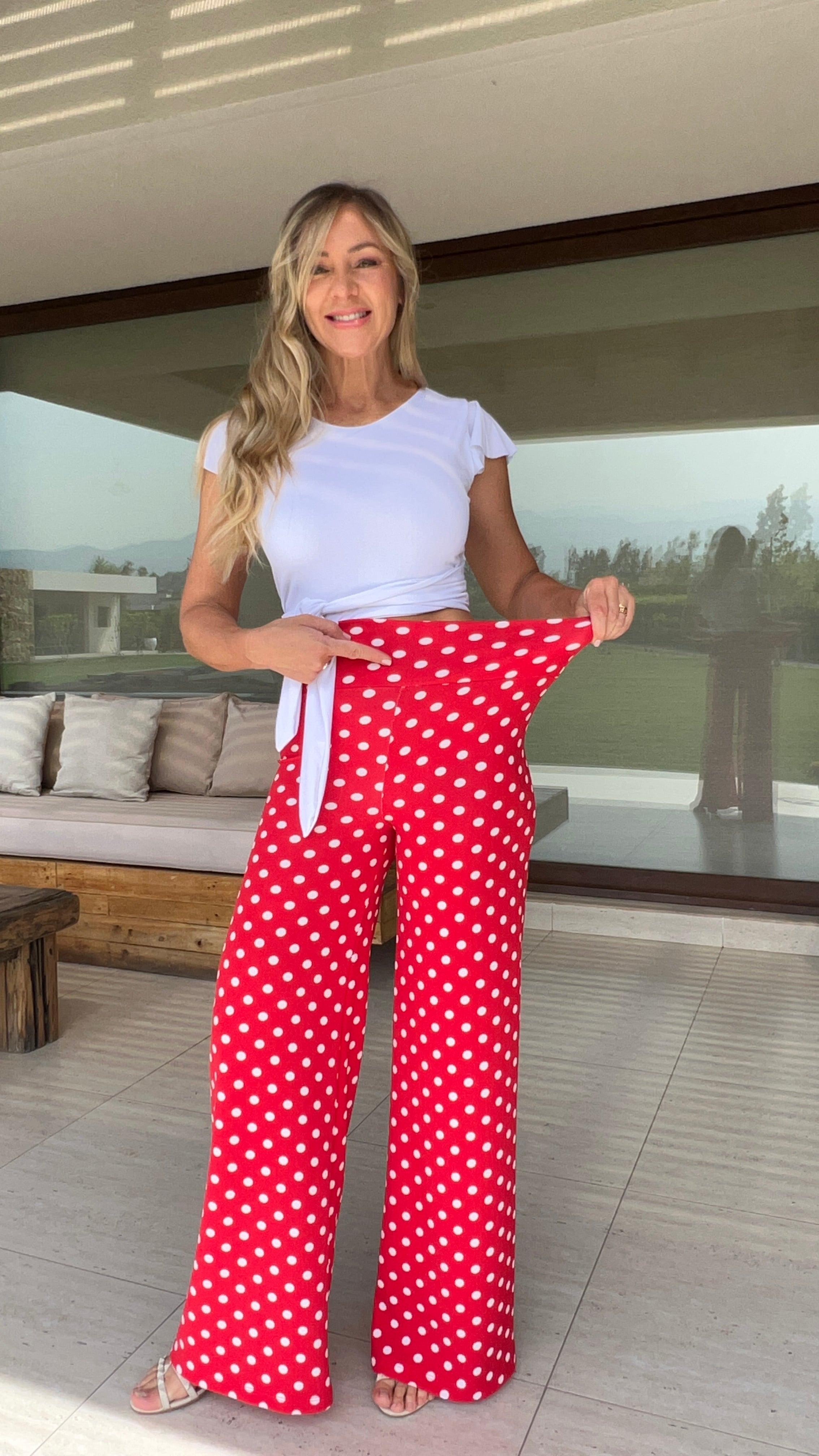 Palazzo rojo de lunares, pretina ancha. Pantalón Mujer. Amoramar.cl 2