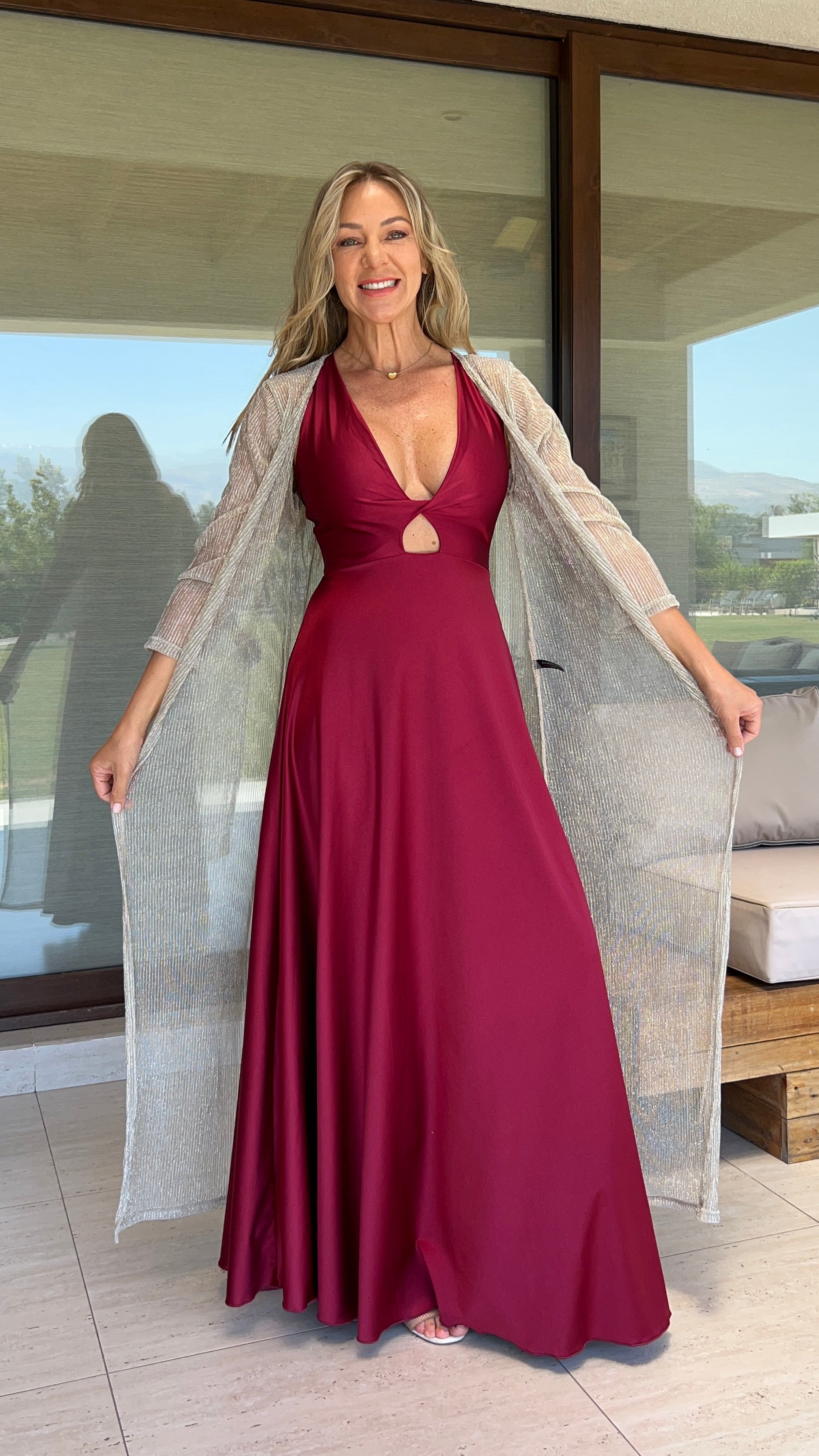 Tapado Dorado Hilos Plata traslúcido, Kimono fiesta mujer | Amoramar.cl 