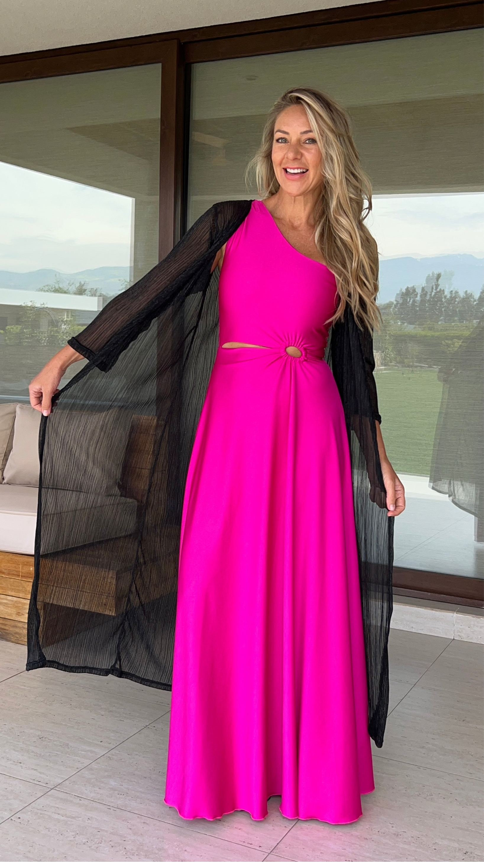 Tapado Plisado Negro traslúcido, Kimono fiesta mujer negro brillos|Amoramar.cl 