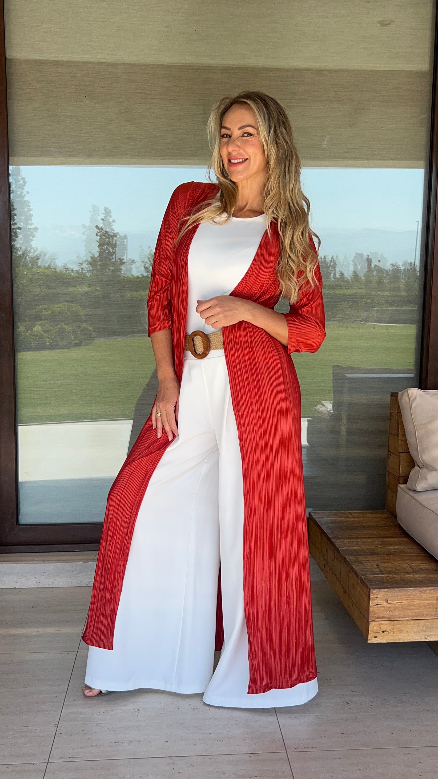 Tapado largo de fiesta Ladrillo, kimono mujer terracota. AMORAMAR.CL
