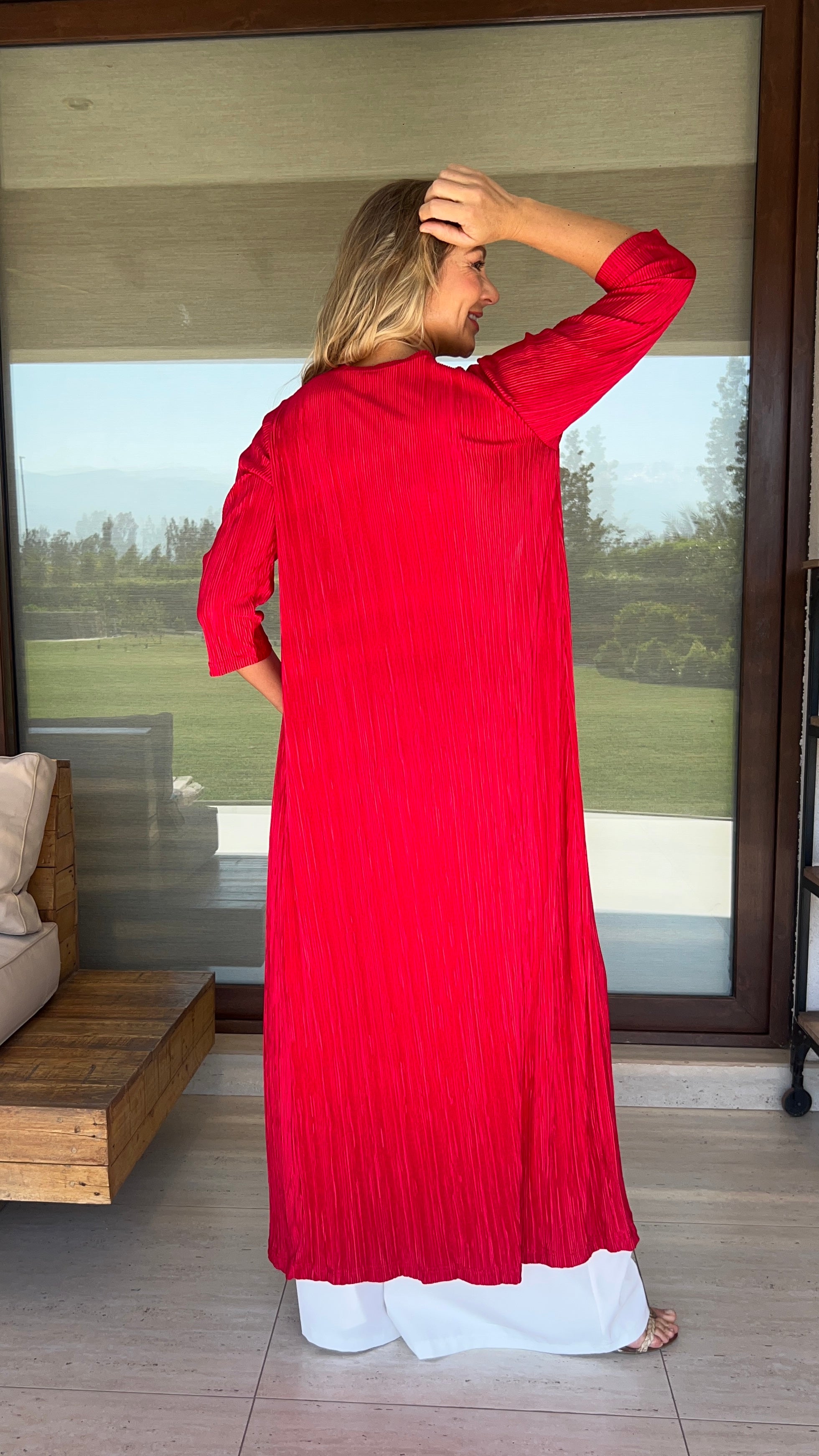 Tapado largo de fiesta Rojo, kimono mujer. AMORAMAR.CL