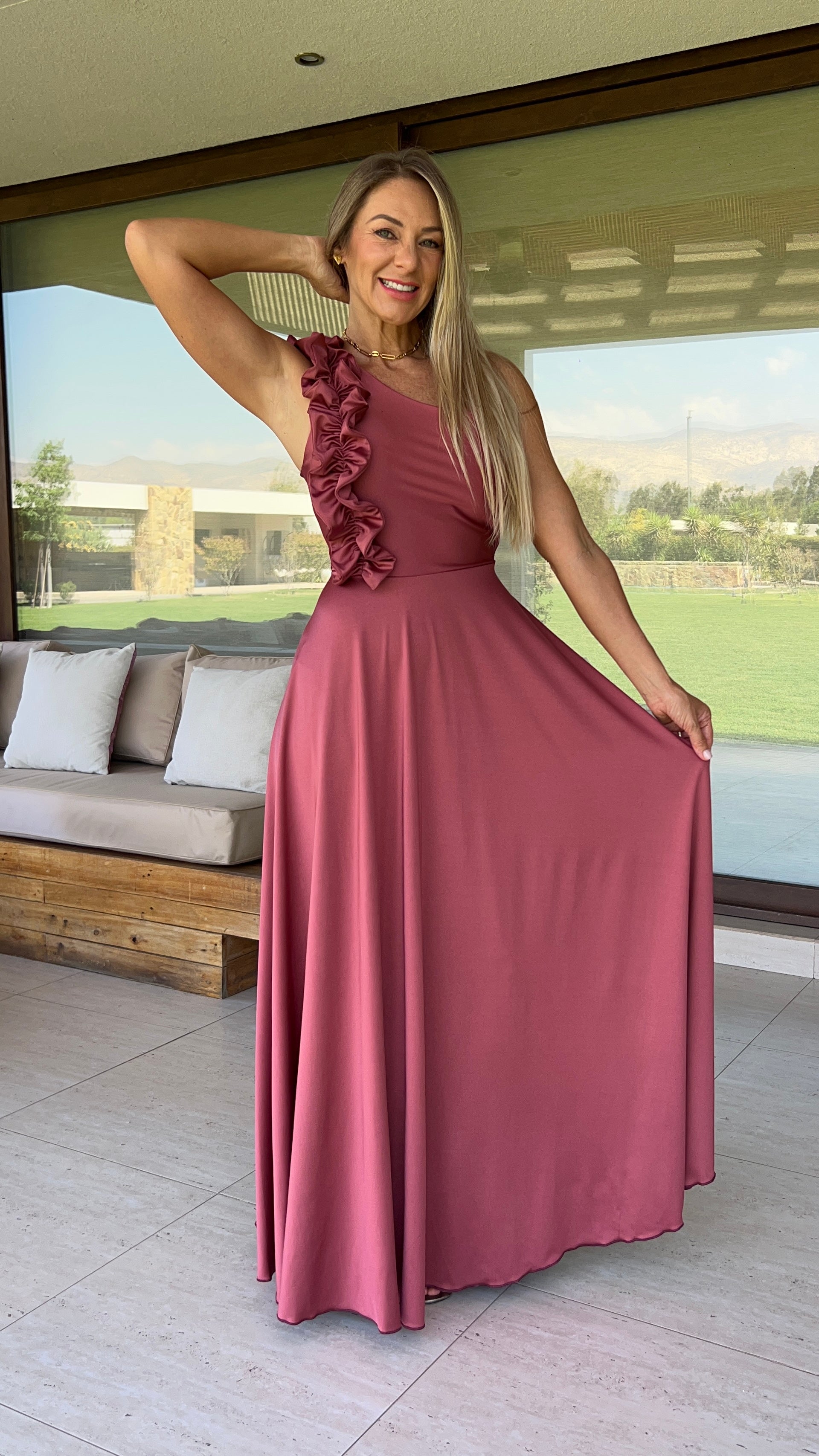 Vestido Camila Salmón | Vestido fiesta largo mujer asimétrico salmón |Amoramar.cl 