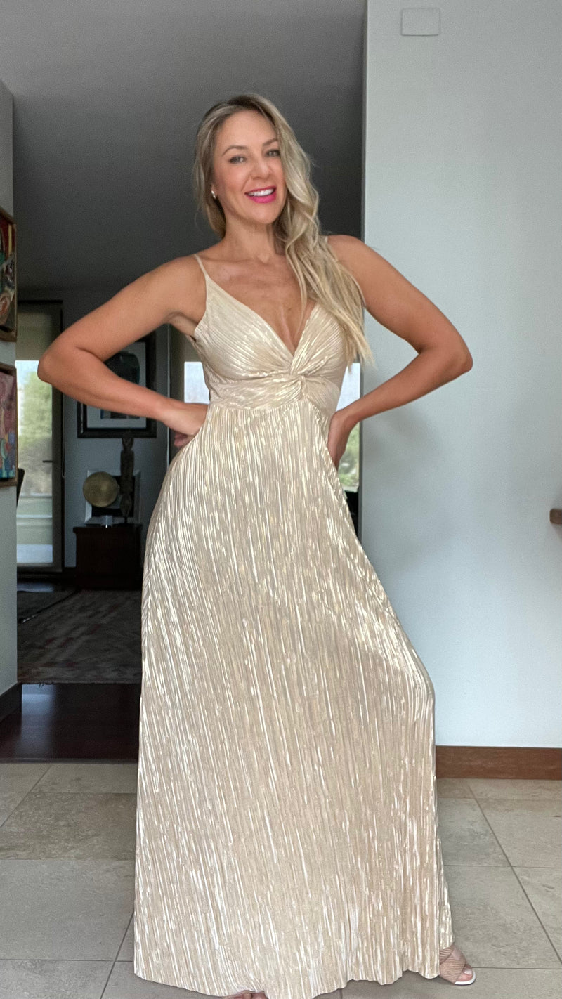 Vestido Amanda en V Plisado Dorado