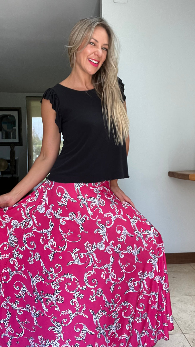 Maxifalda Fucsia con Flores Blancas