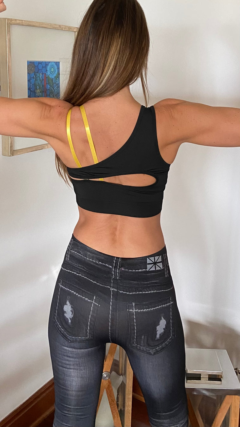 Peto Deportivo Asimétrico Negro con Tirantes Amarillos