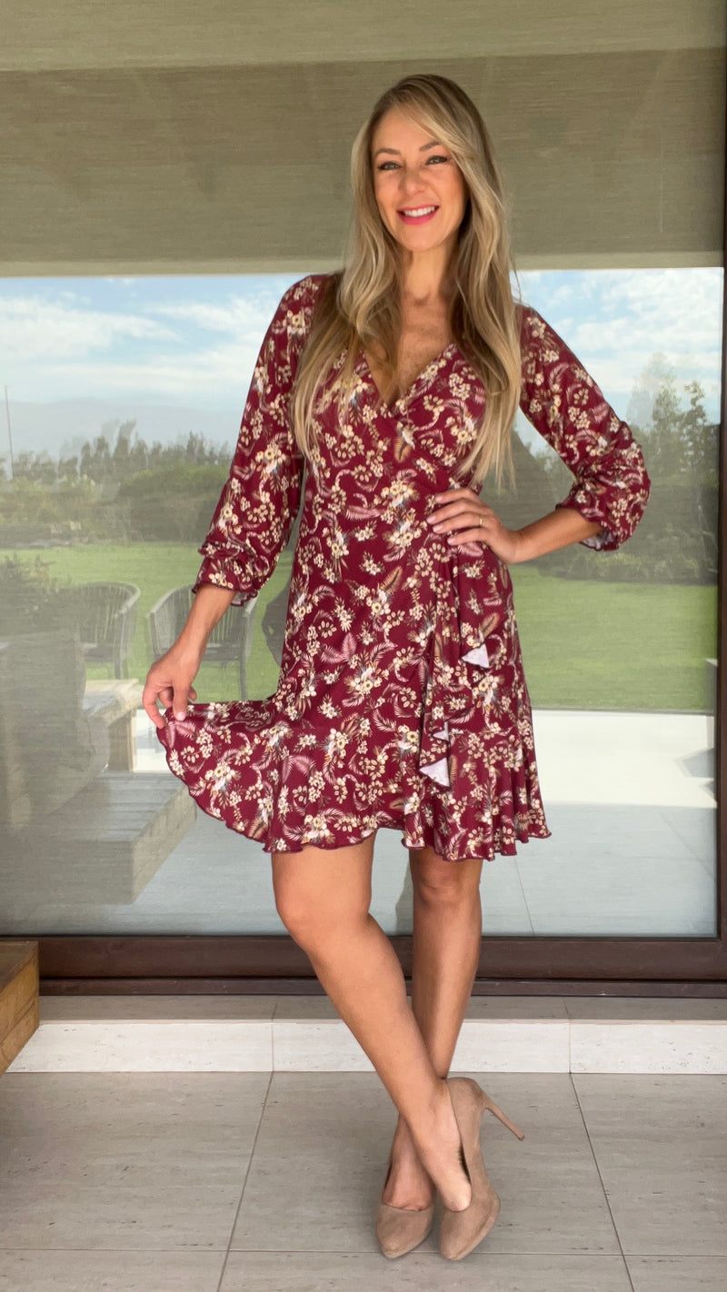 Vestido MILA Manga Larga Granate Flores