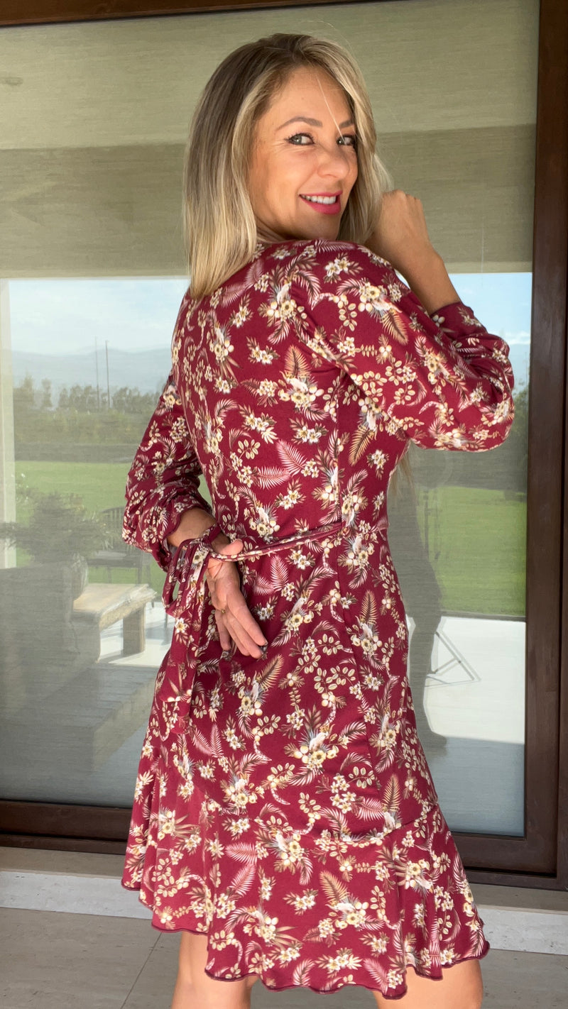 Vestido MILA Manga Larga Granate Flores