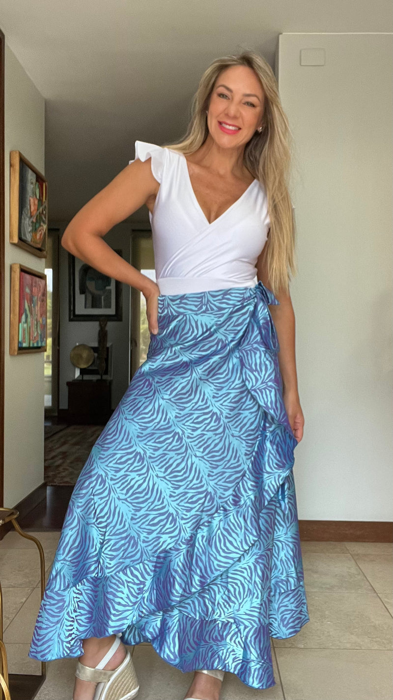 Falda Envolvente Piel de Seda Cebra Celeste
